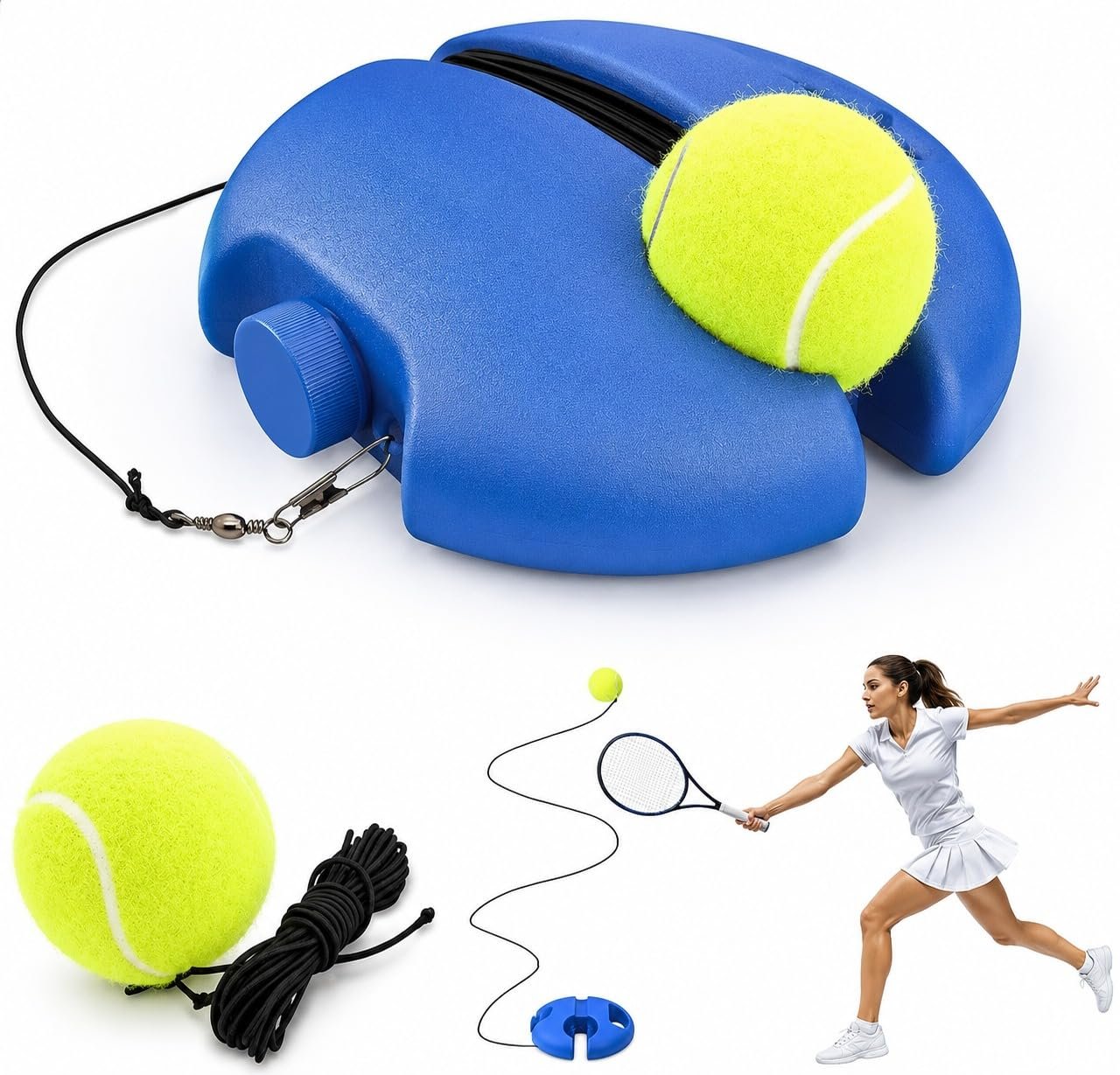 Tennis Trainer Rebound Ball Set with Elastic String, Solo Tennis Practice Trainer, Self Training Tennis Ball Base for Beginners, Kids, Adults