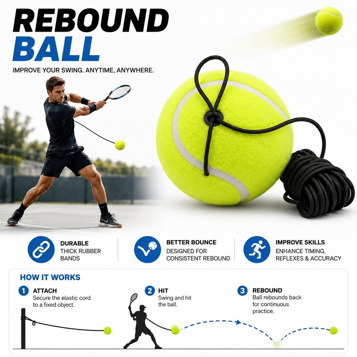 Tennis Trainer Rebound Ball Set with Elastic String, Solo Tennis Practice Trainer, Self Training Tennis Ball Base for Beginners, Kids, Adults - Image 5